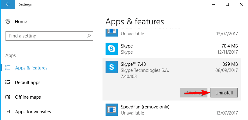 Odinstaluj ustawienia Skype Windows